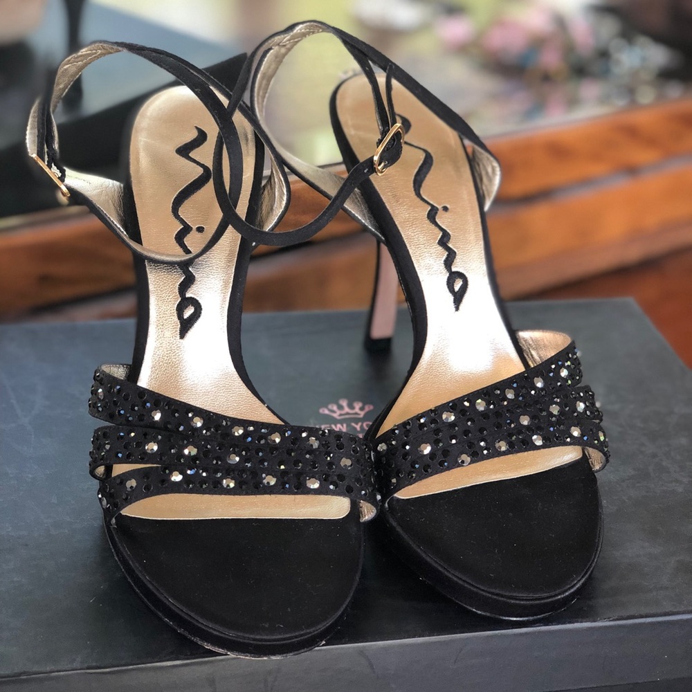 Nina Gideon rhinestone blk satin/silk heels, NICE - Picture 2 of 6